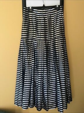 Vintage ‘80s Mondi Black and Silver Stripe A-Line Drop Waist Midi Skirt Sz 36